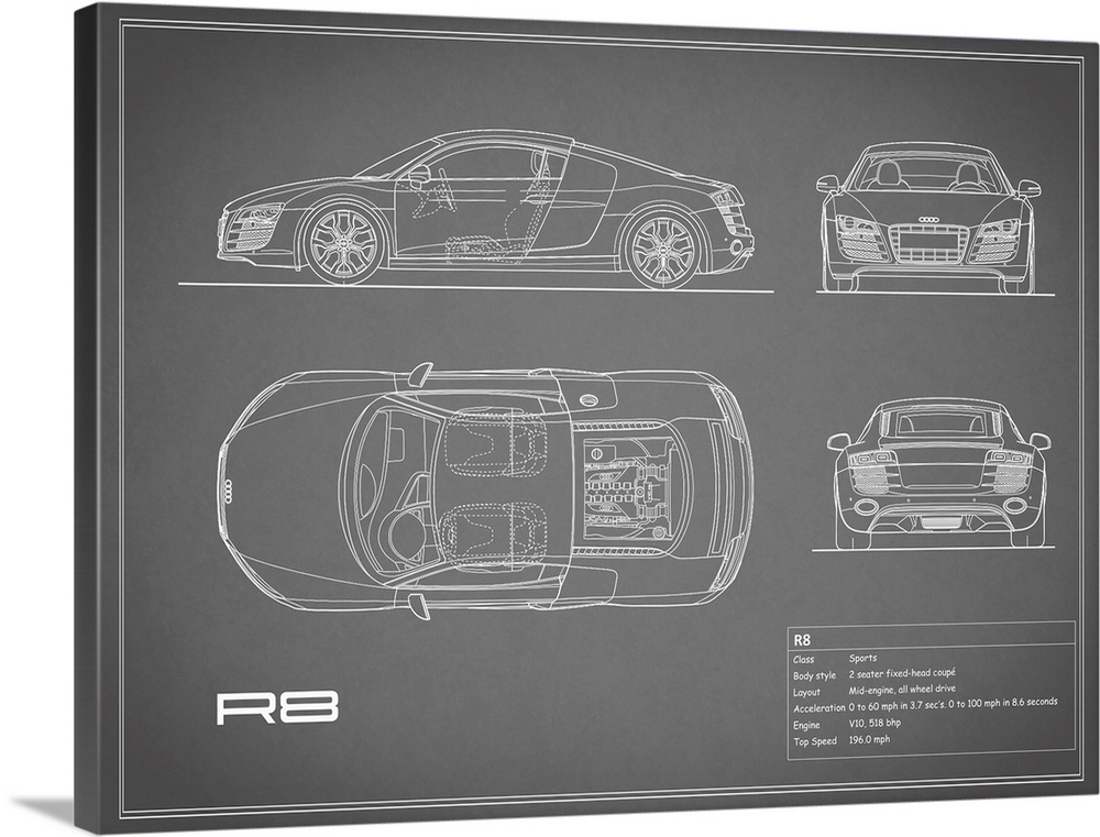 Antique style blueprint diagram of an Audi R8 V10 printed on a Grey background.