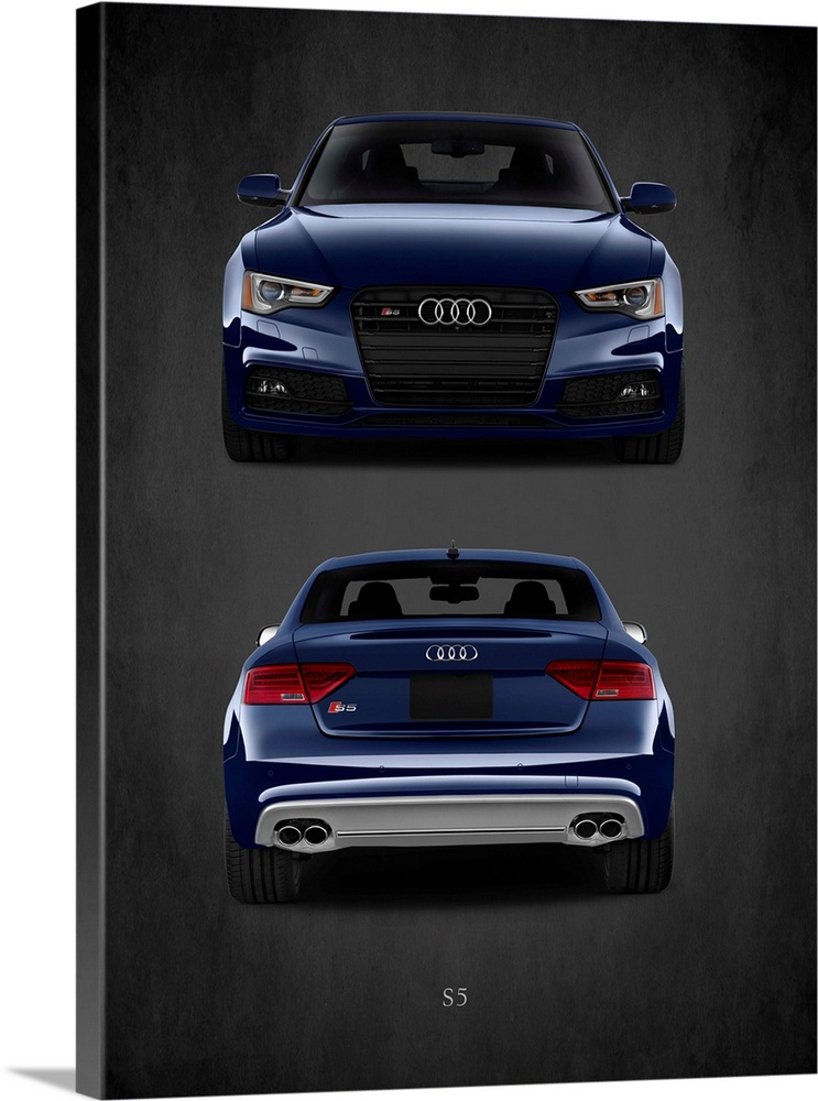 Photograph of the front and back of a blue Audi S5 printed on a black background with a dark vignette.