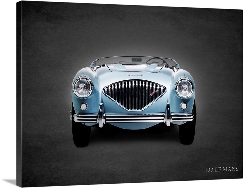 Photograph of a powder blue 1956 Austin-Healey 100 LeMans printed on a black background with a dark vignette.