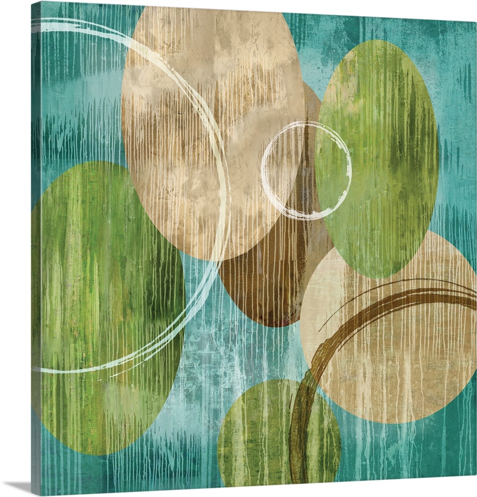 Square abstract art with green, brown, and white circles on a teal background with white paint drips all over.