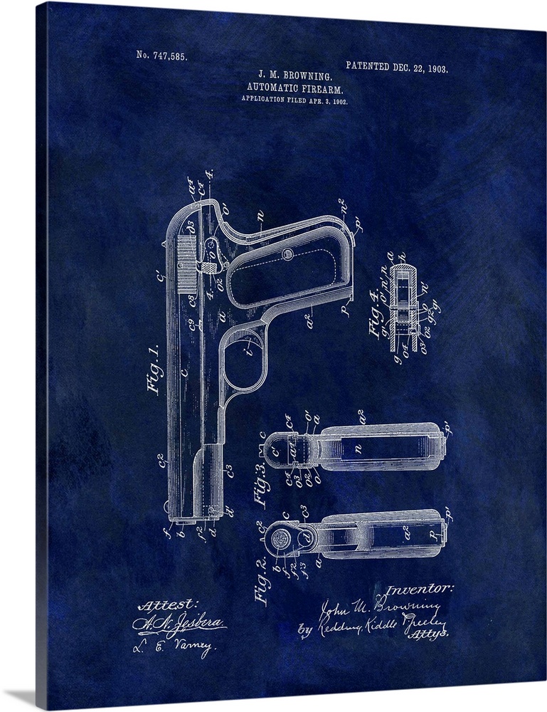 Antique style blueprint diagram of an Automatic Firearm printed on a blue background.