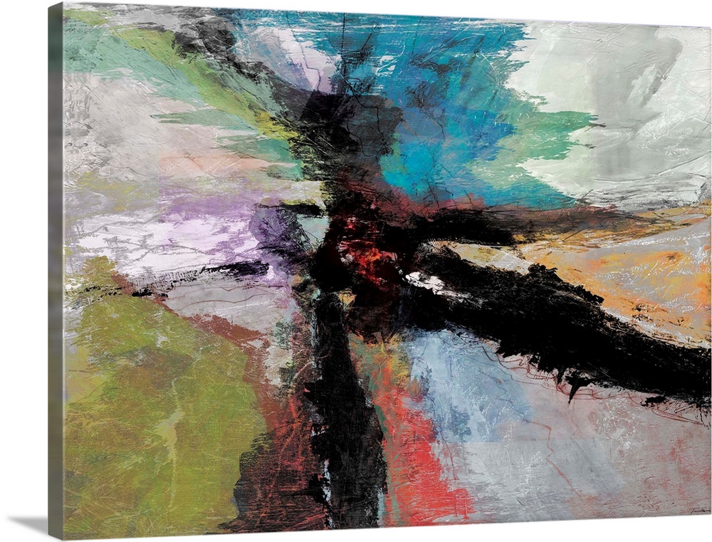 Colorful abstract painting with bold black brushstrokes moving out from the middle.