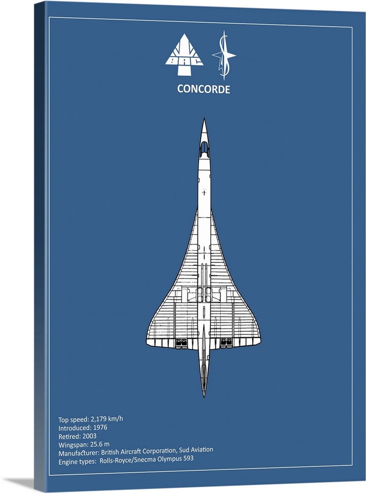 Black and white diagram of a BAE Concorde with written information at the bottom, on a blue background.