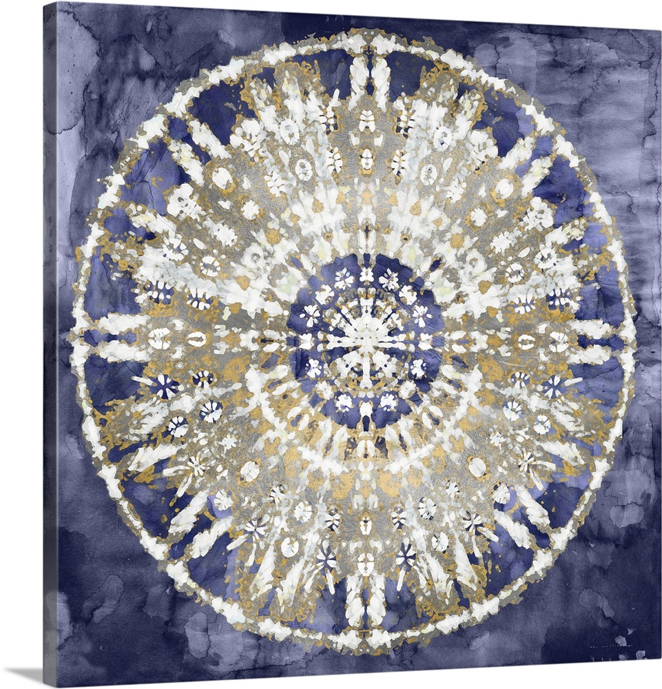 Square abstract decor with a white, gold, and silver mandala on an indigo background.