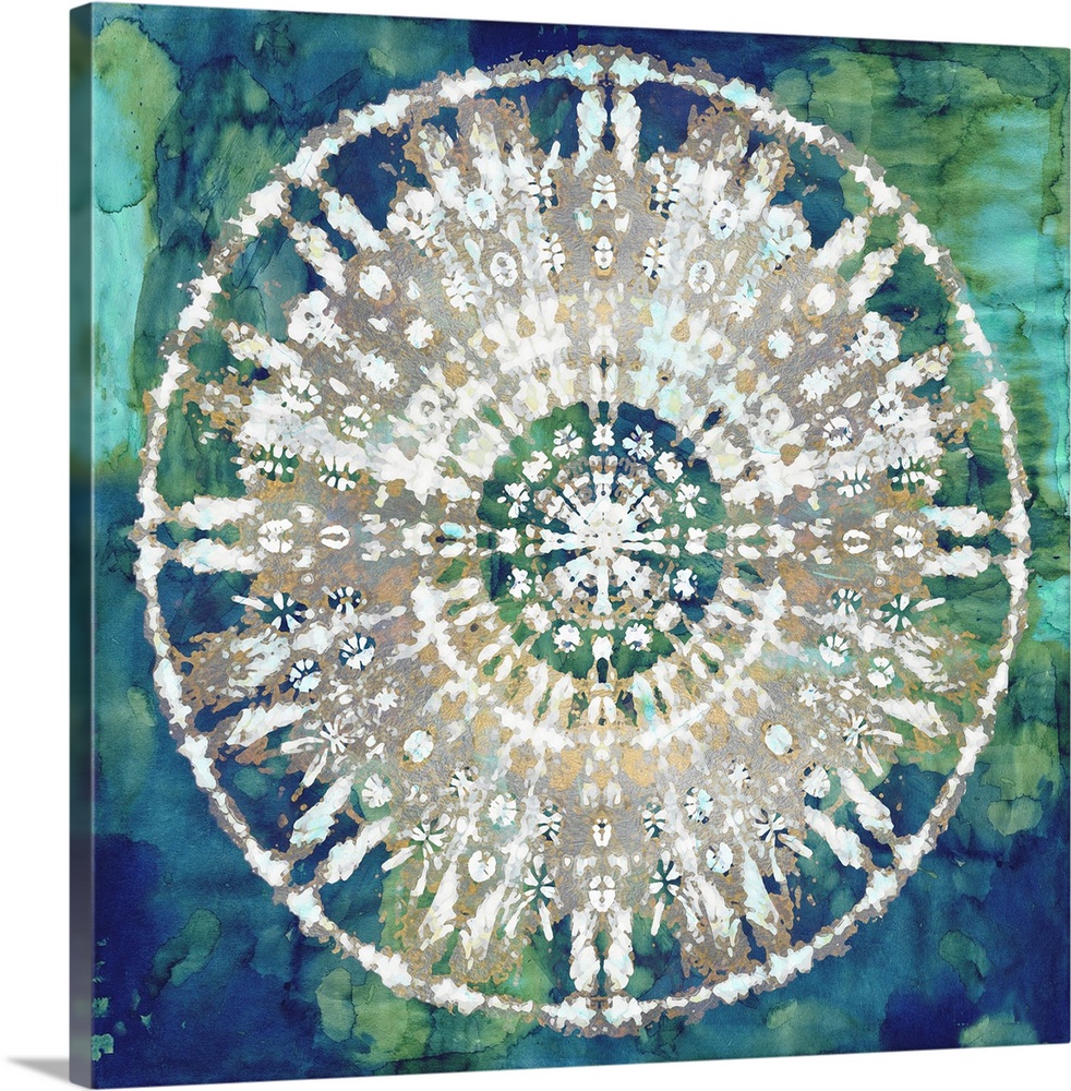 Square abstract decor with a white, gold, and silver mandala on a blue and green watercolor background.