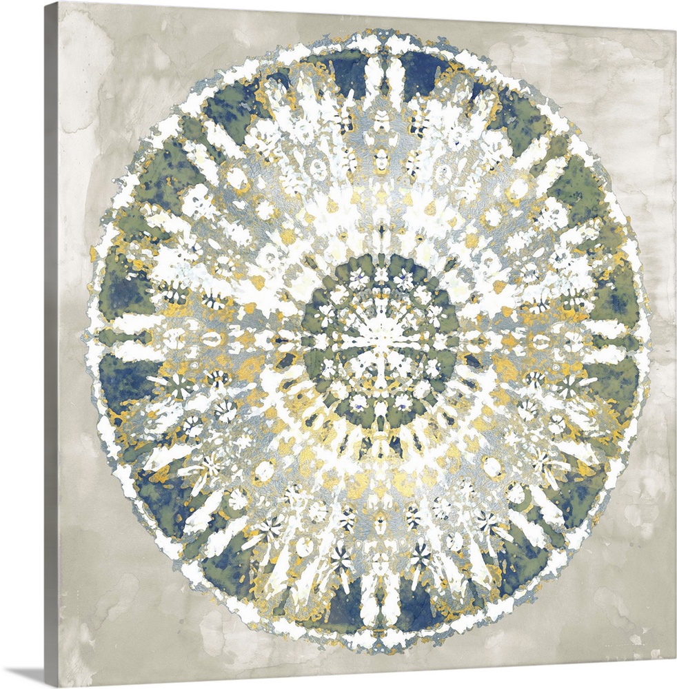 Square abstract decor with a white, gold, green, blue, and silver mandala on a gray background.