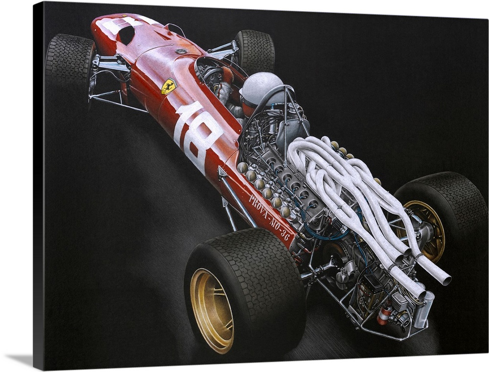 Illustration of a Formula One car on a black background, highlighting the back engine.