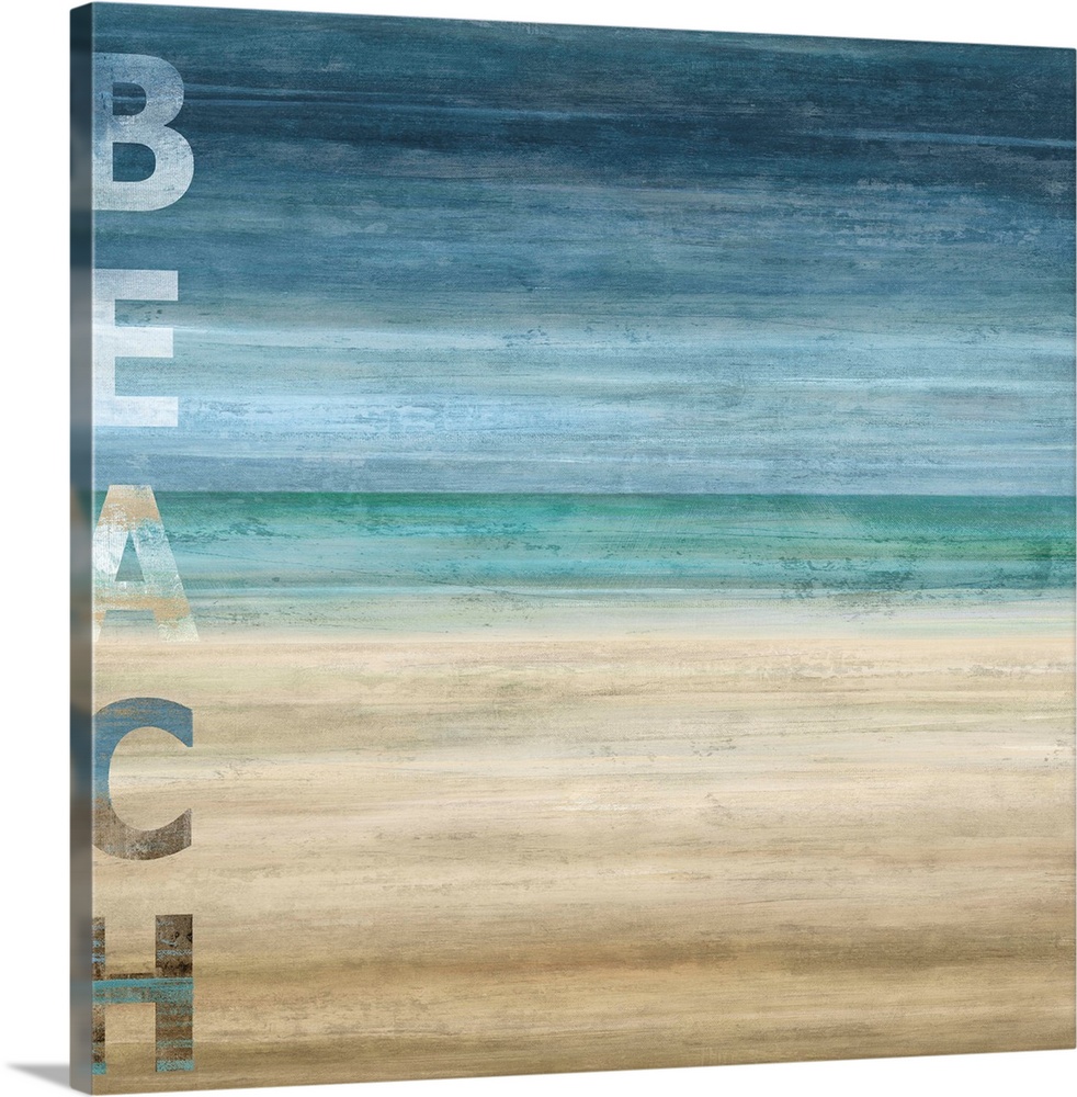Square abstract painting of a beach landscape with "BEACH" written vertically along the left side.