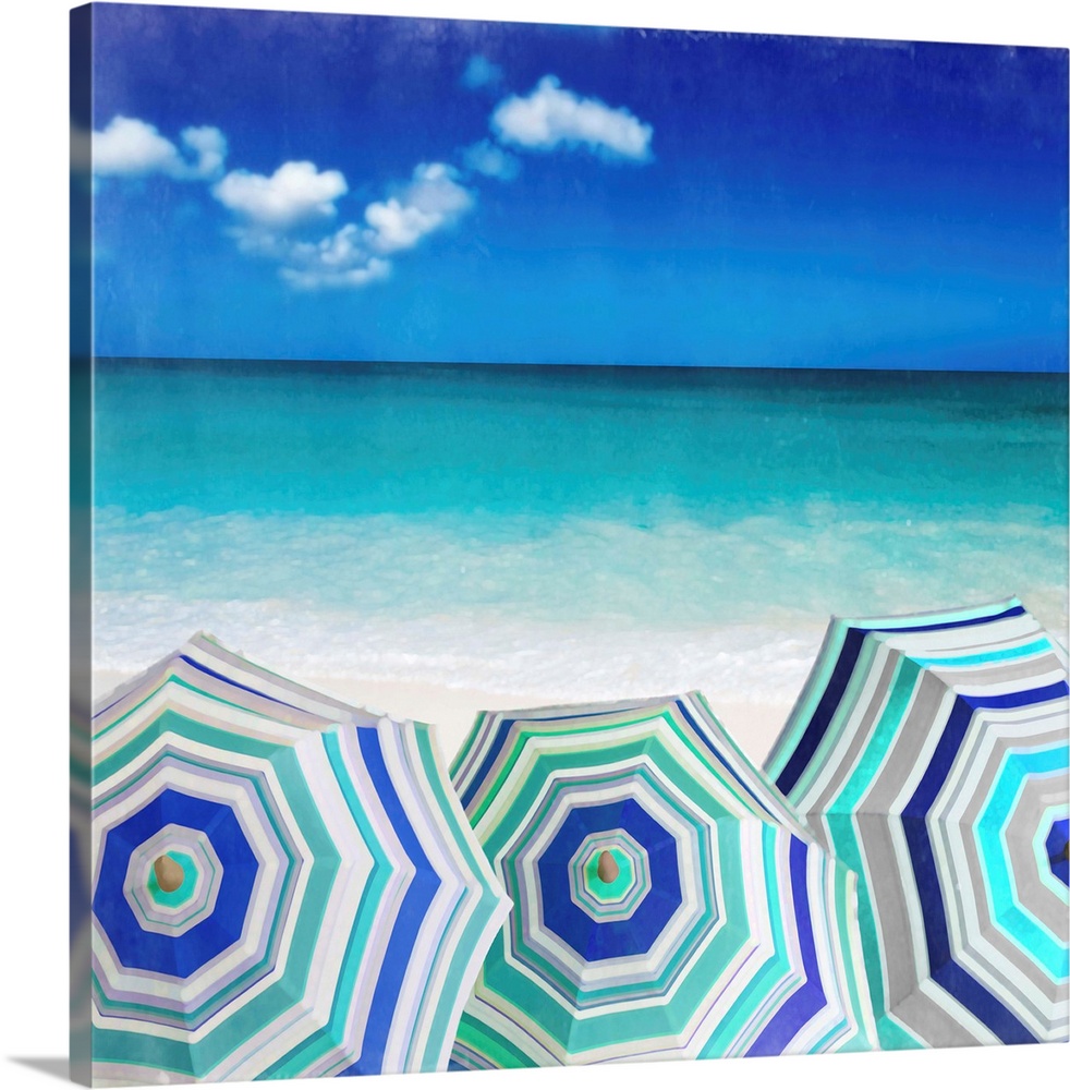 Square illustration of three blue and white striped beach umbrellas in a row right in front of the ocean