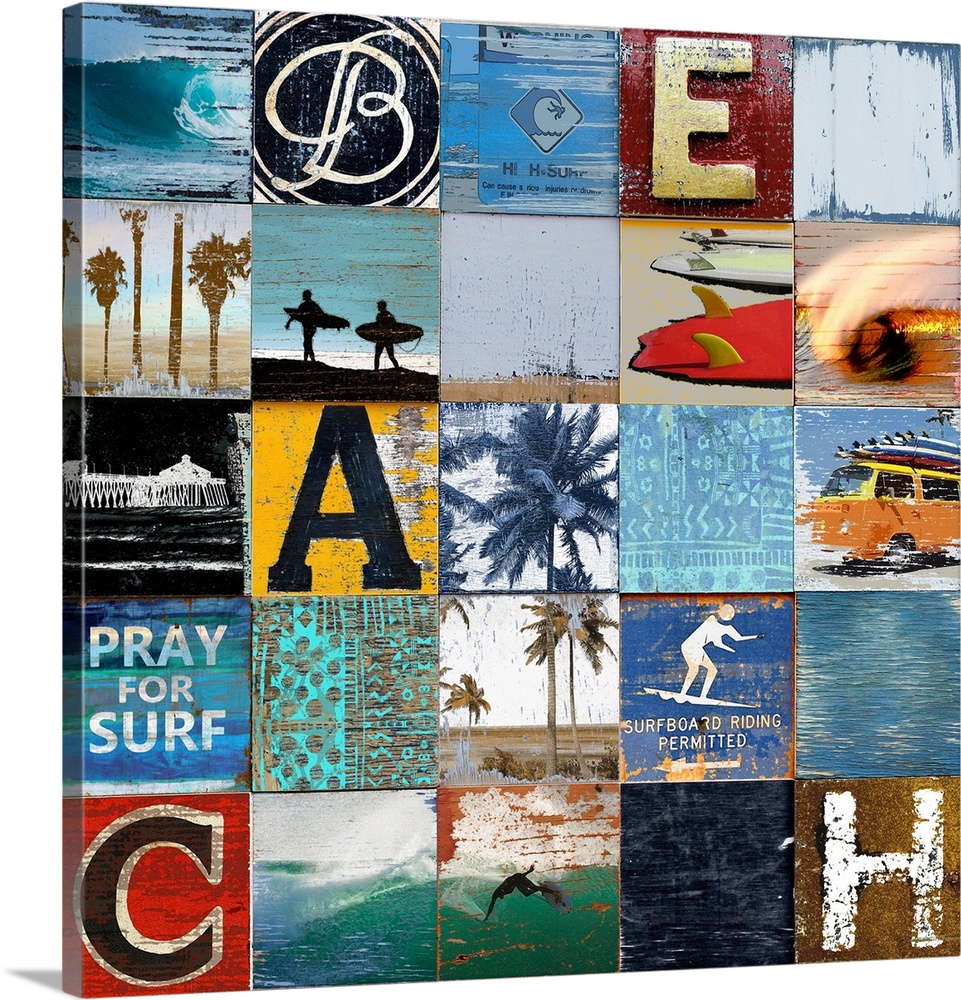25 beach themed squares in rows  with 5 squares having a letter to spell out "Beach"