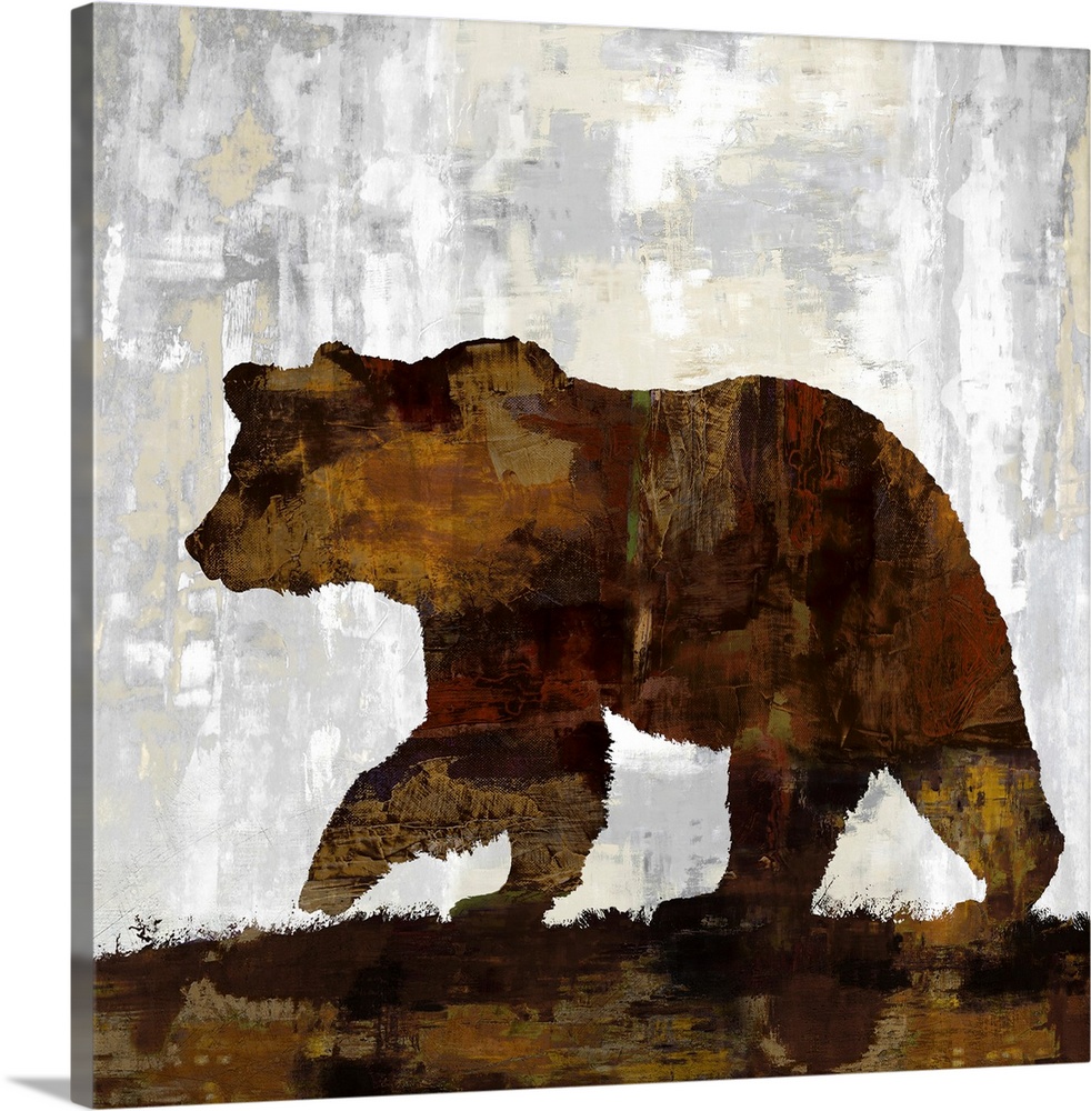 Square decor with a silhouette of a brown bear on a gray, tan, and white background.