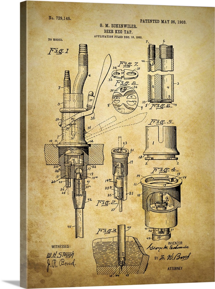 Antique blueprint of the beer keg tap, patented May 26, 1903.