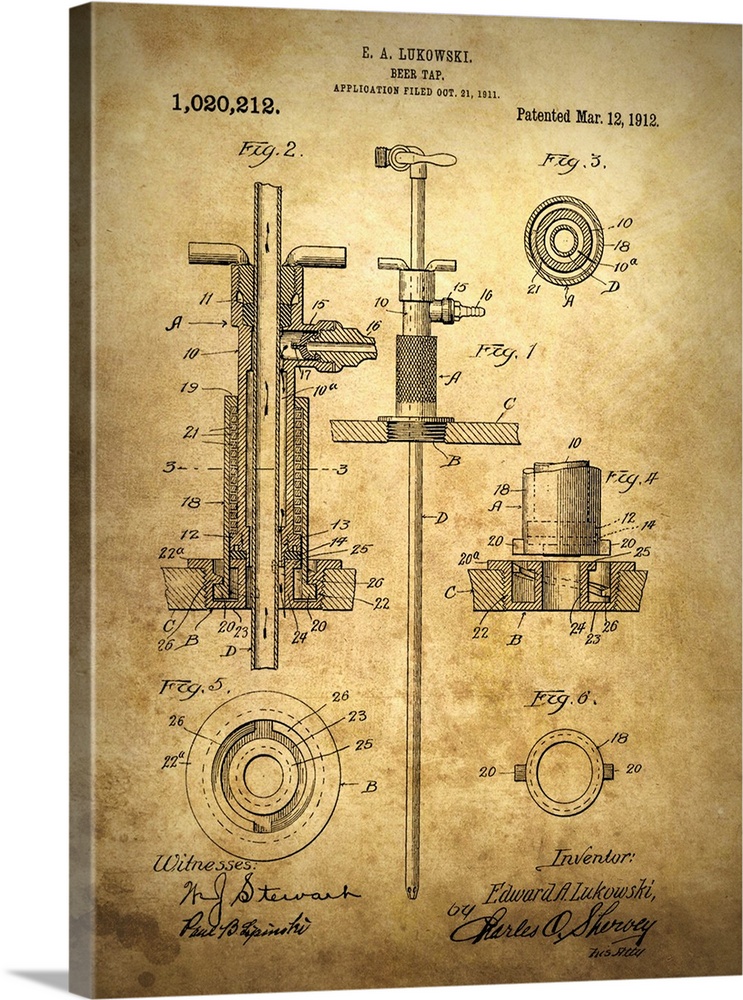 Antique blueprint of the beer tap, patented March 12, 1912.