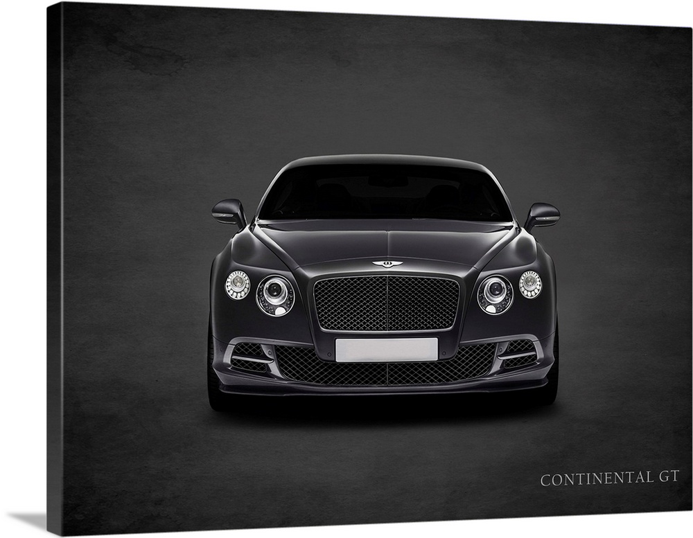 Photograph of a black Bentley Continental GT printed on a black background with a dark vignette.