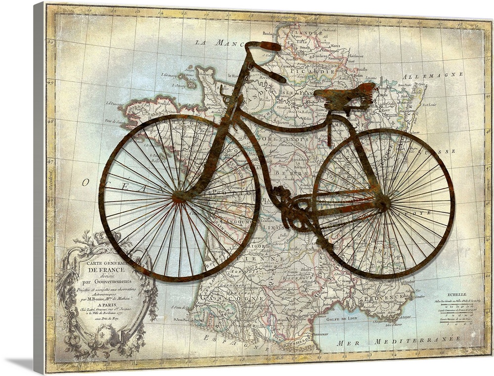 Vintage decor with a silhouette of a bicycle on top of a map of France.