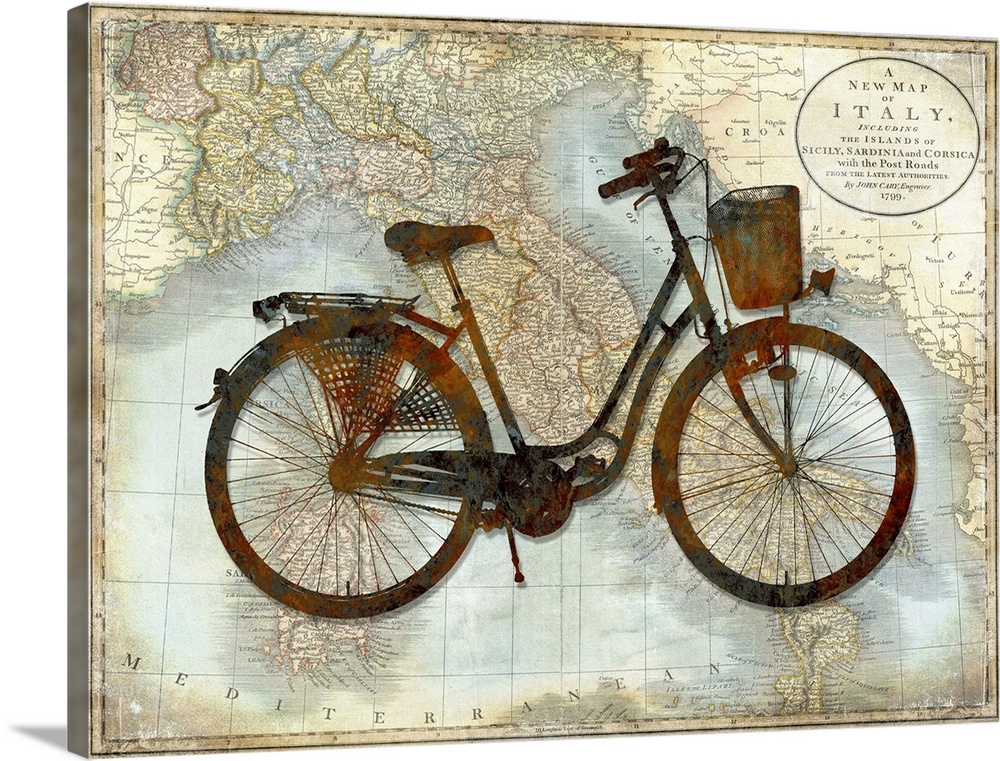 Vintage decor with a silhouette of a bicycle on top of a map of Italy.