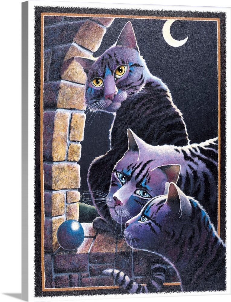 Illustration of three striped cats and a blue ball by a brick window sill lit by the moon.