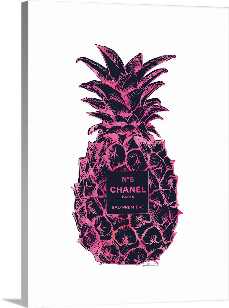 Line art design of a pineapple with a No. 5 Chanel perfume label over it.