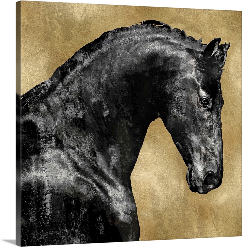 Square decor with a black stallion on a metallic gold background.