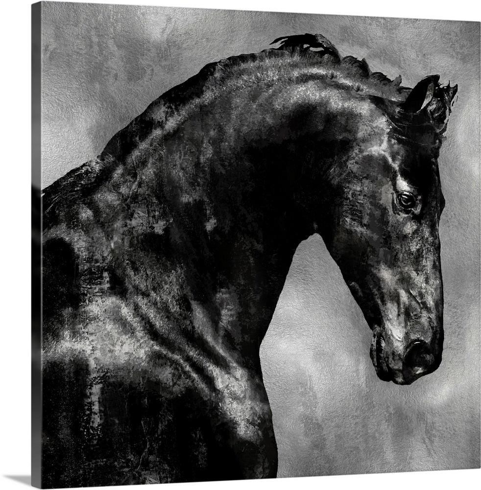 Square decor with a black stallion on a metallic silver background.