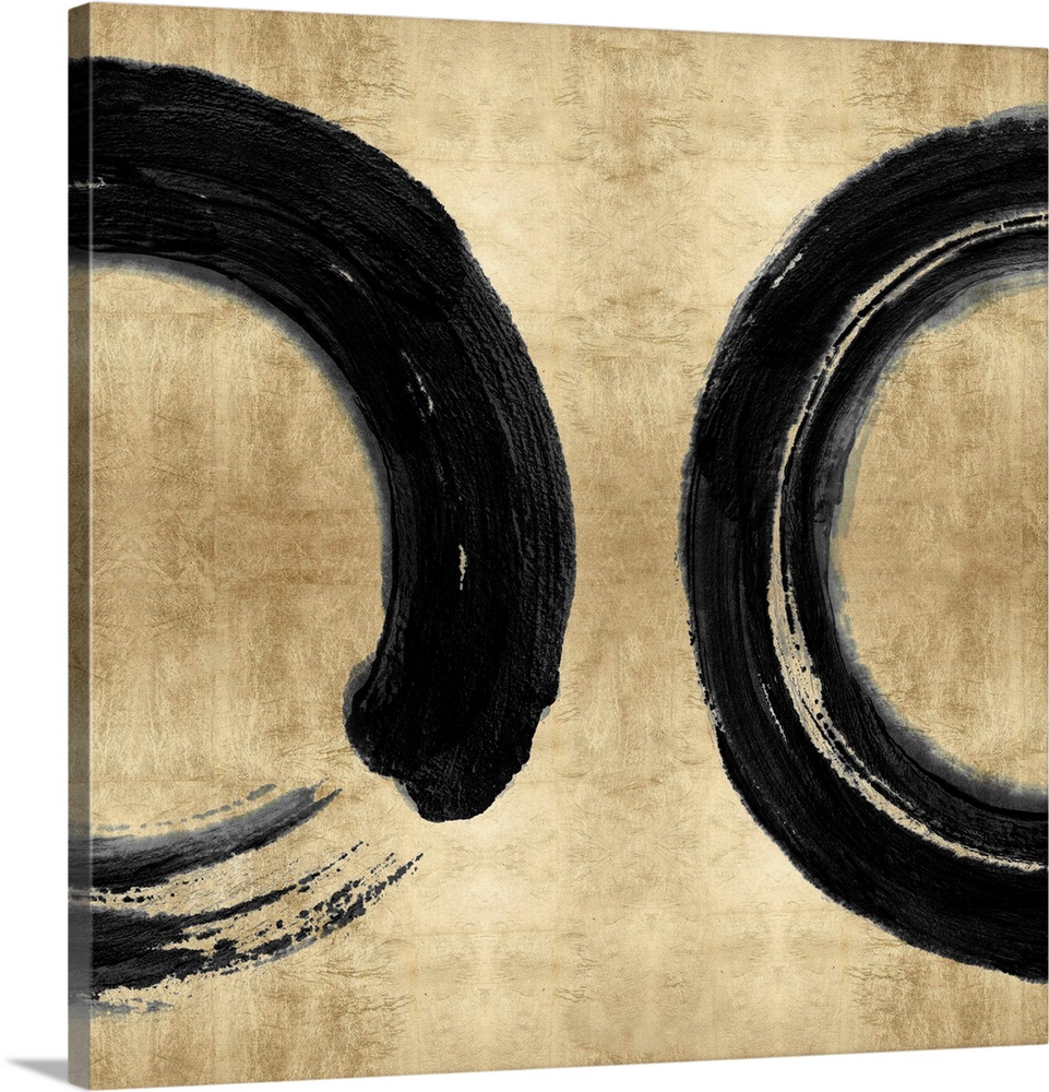 This Zen artwork features two sweeping circular brush strokes in black over a mottled gold color background.