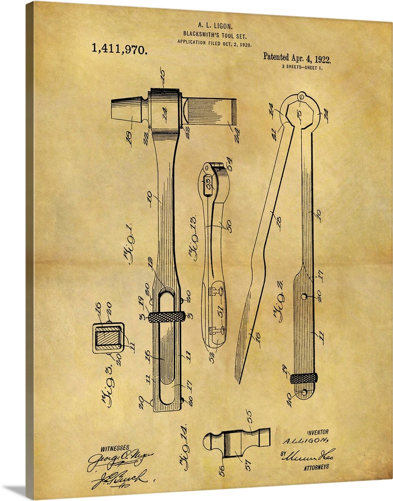 Antique blueprint of a blacksmith's tool, patented April 4, 1992.