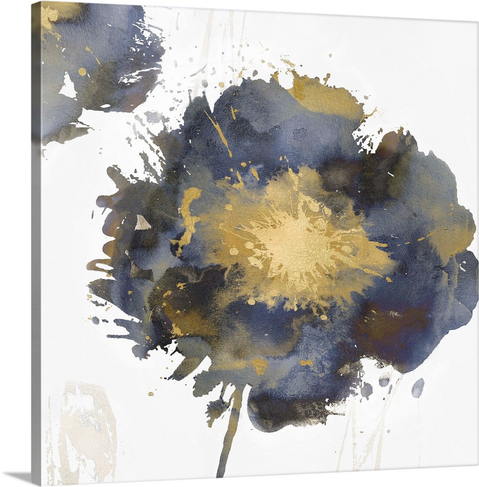Square decor with a single paint splattered flower in gold, silver, and blue hues.