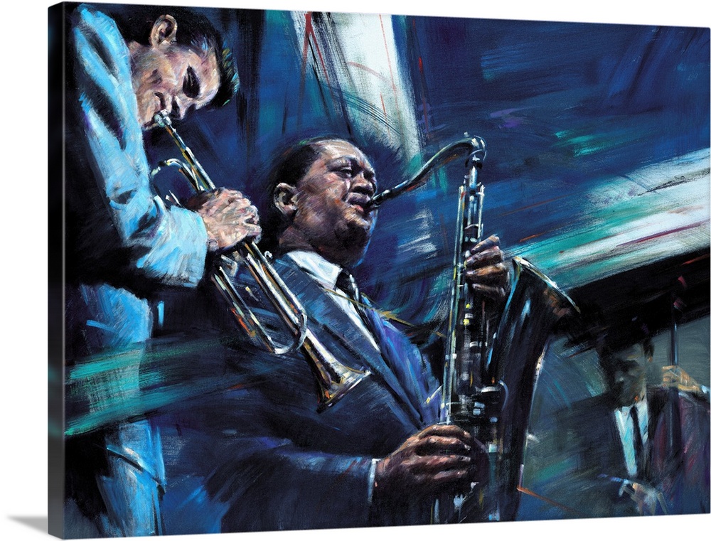 Contemporary painting of Jazz musicians playing the saxophone and trumpet with a bassist in the back.