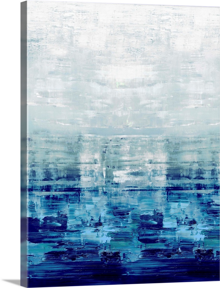 Contemporary artwork featuring bold brush strokes in shades of blue over a white distressed background.