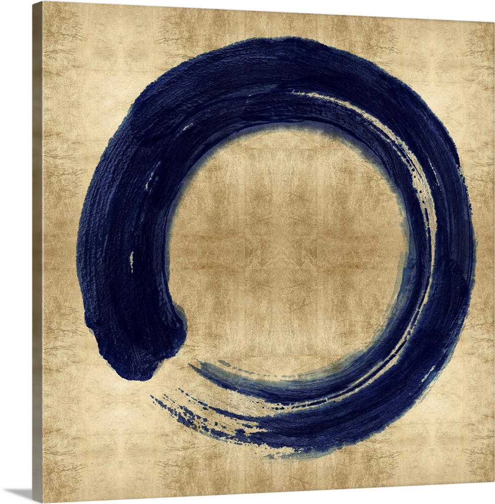 This Zen artwork features a sweeping circular brush stroke in blue over a mottled gold color background.