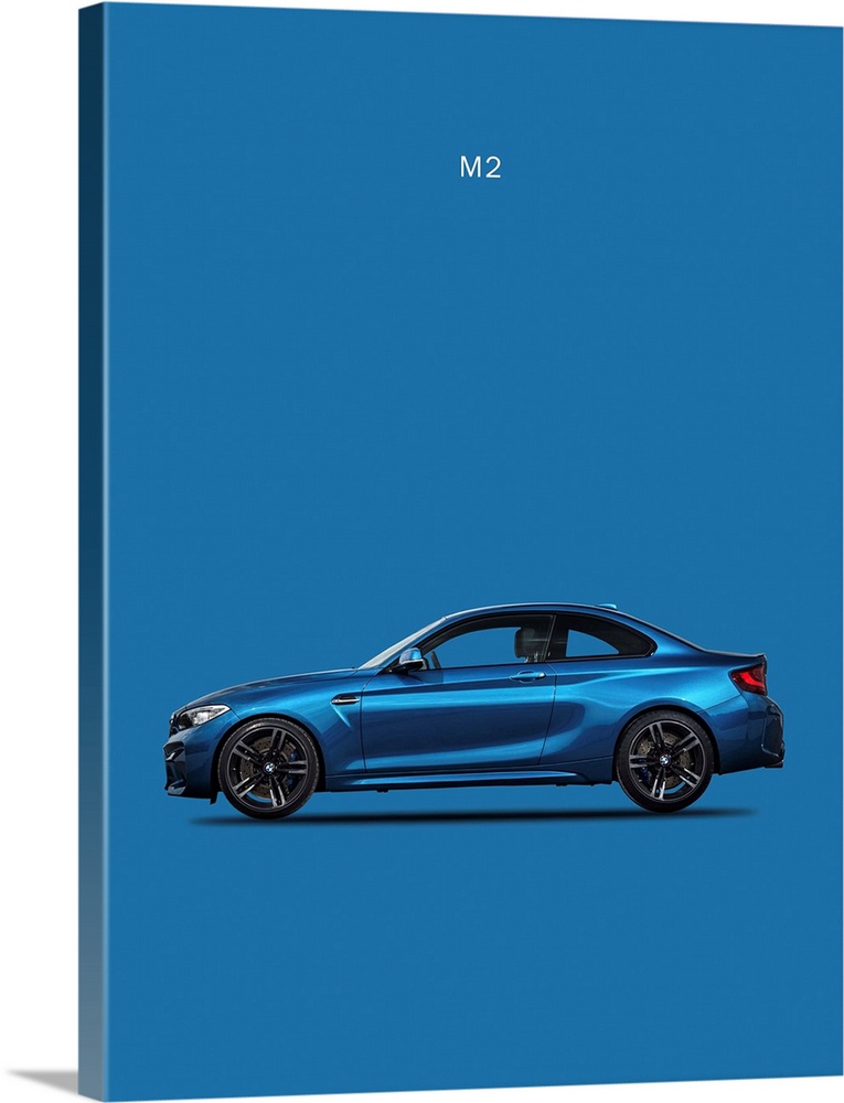 Photograph of a blue BMW M2 printed on a blue background