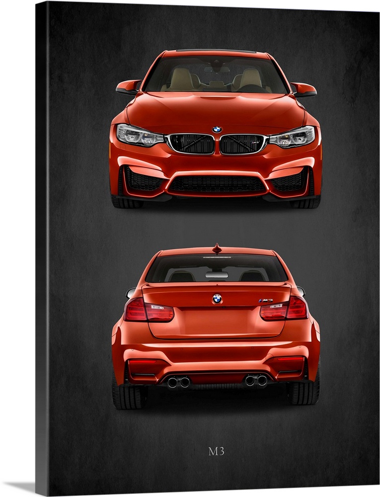 Photograph of the front and back of an orange-red BMW M3 printed on a black background with a dark vignette.