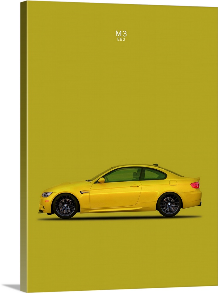 Photograph of a yellow BMW M3 E92 printed on a yellow-green background