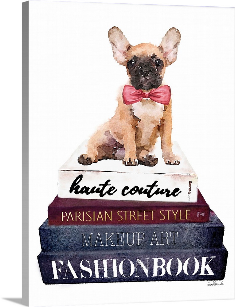 A french bulldog sits atop a stack of designer books.