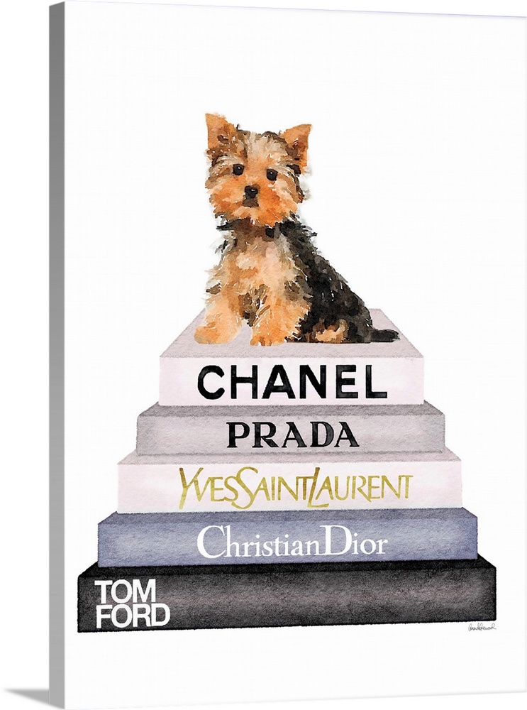 A yorkie sits atop a stack of designer books.