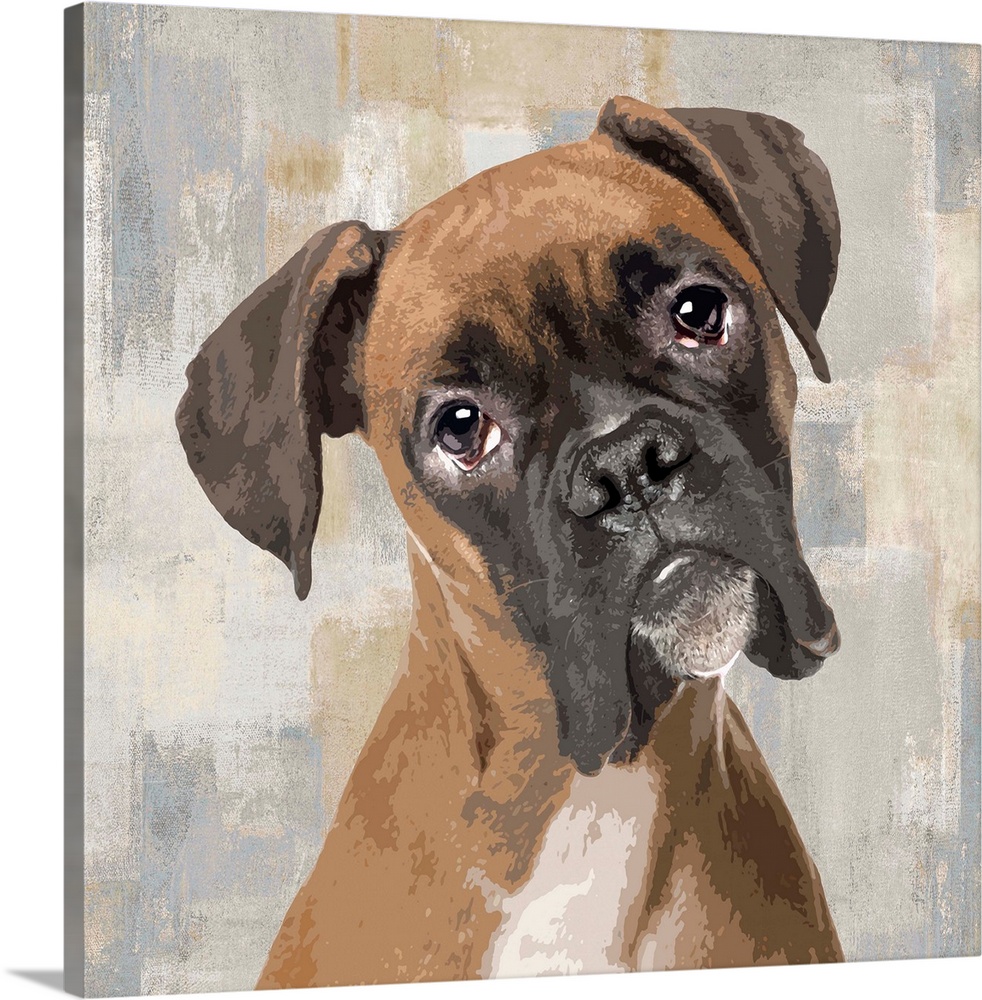 Square decor with a portrait of a Boxer on a layered gray, blue, and tan background.