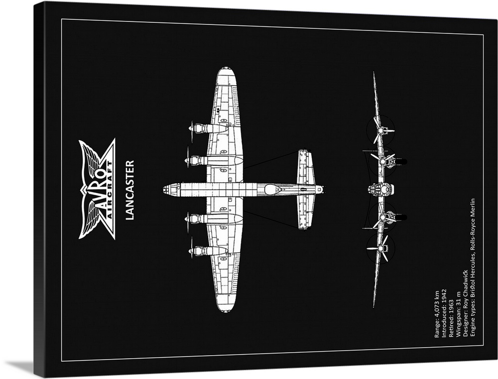 Black and white diagram of a BP Avro Lancaster with written information at the bottom, on a black background.