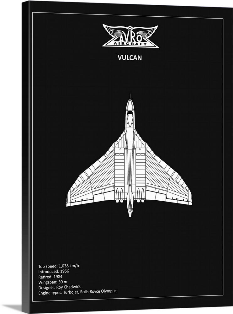 Black and white diagram of a BP Avro Vulcan with written information at the bottom, on a black background.
