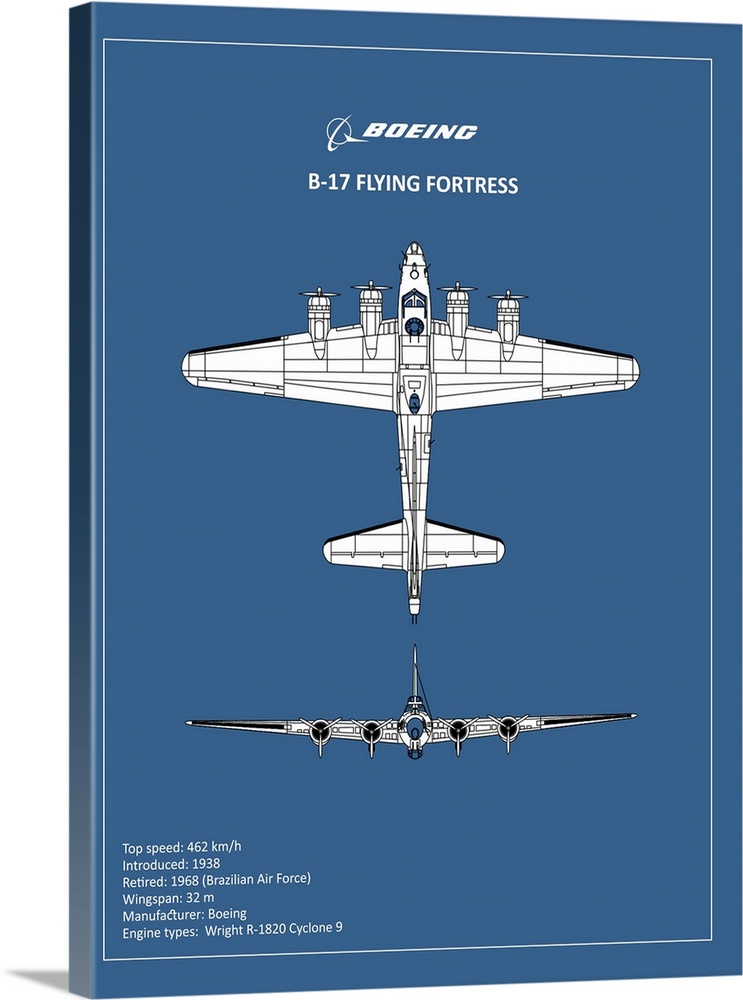 Black and white diagram of a BP B17 FlyingFortress with written information at the bottom, on a blue background.