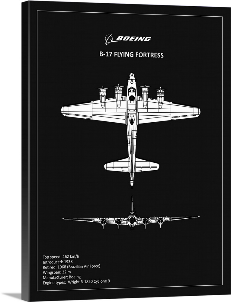 Black and white diagram of a BP B17 FlyingFortress with written information at the bottom, on a black background.
