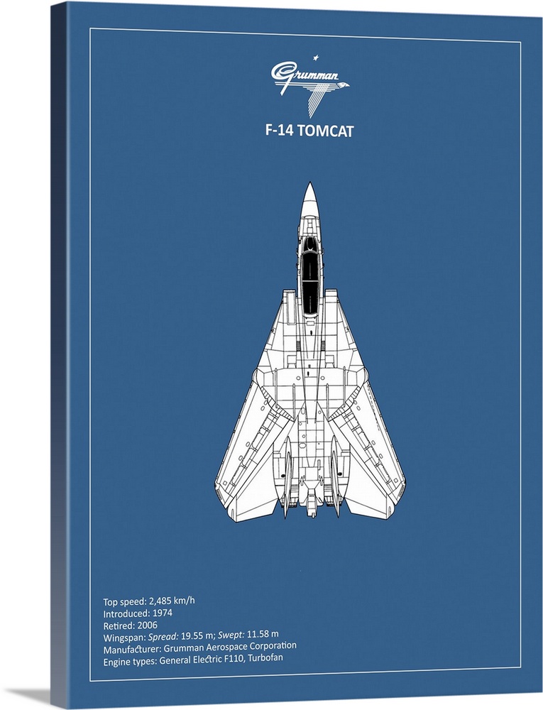 Black and white diagram of a BP F-14-Tomcat with written information at the bottom, on a blue background.