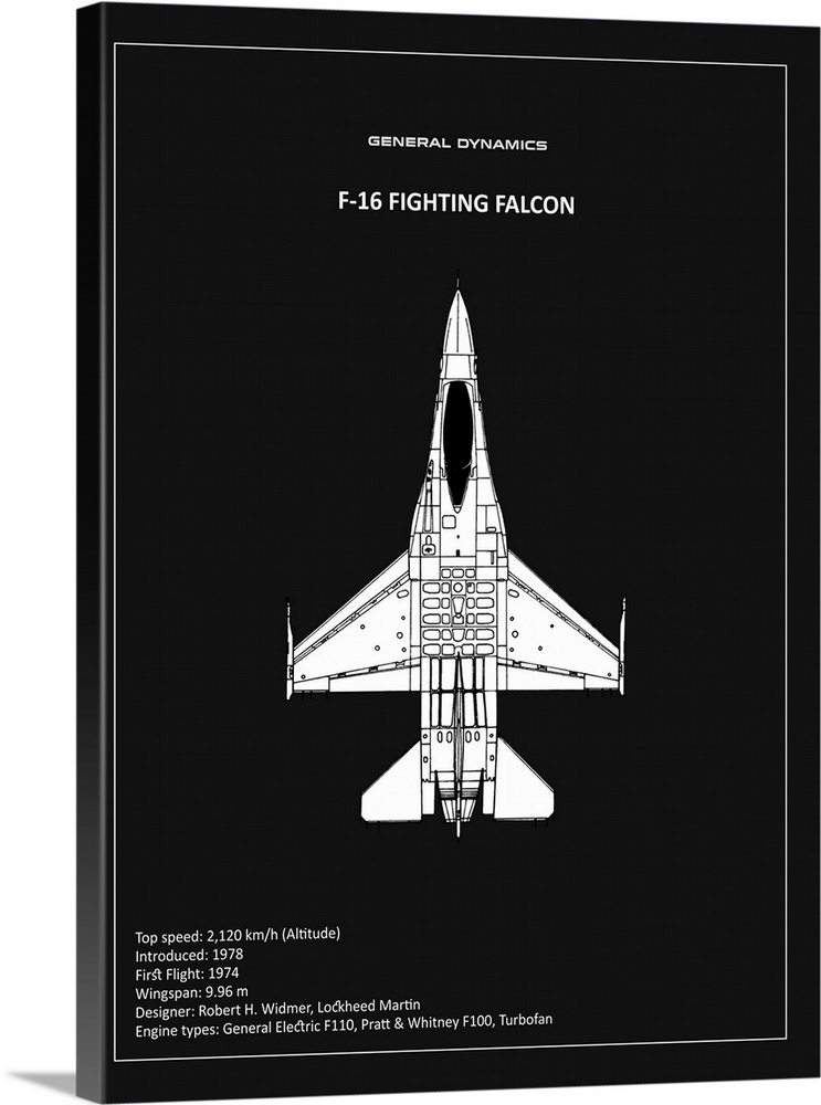 Black and white diagram of a BP F-16 Fighting Falcon with written information at the bottom, on a black background.