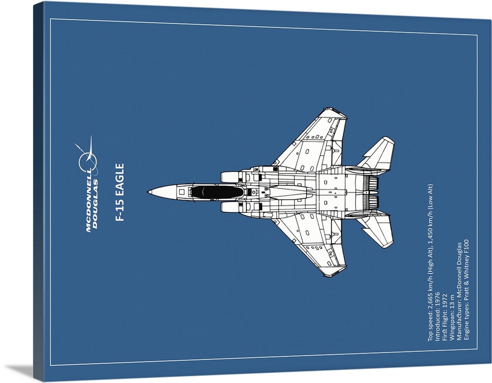 Black and white diagram of a BP F15 Eagle with written information at the bottom, on a blue background.