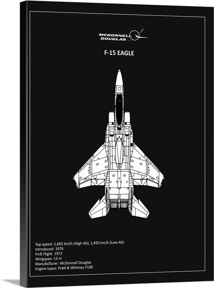Black and white diagram of a BP F15 Eagle with written information at the bottom, on a black background.