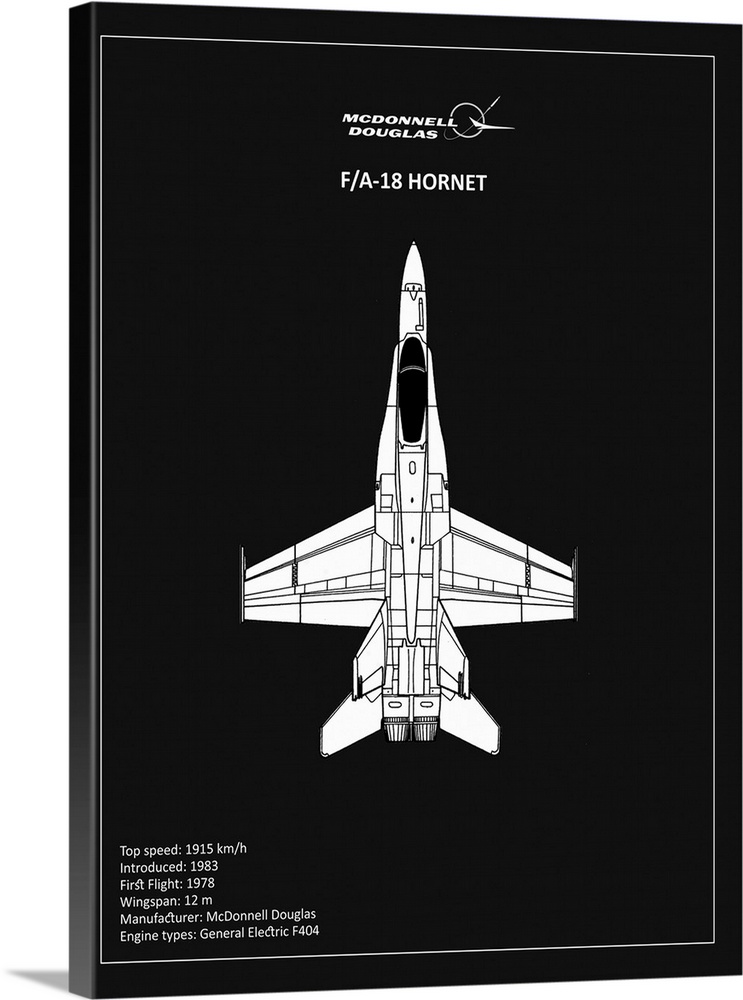 Black and white diagram of a BP FA18 Hornet with written information at the bottom, on a black background.