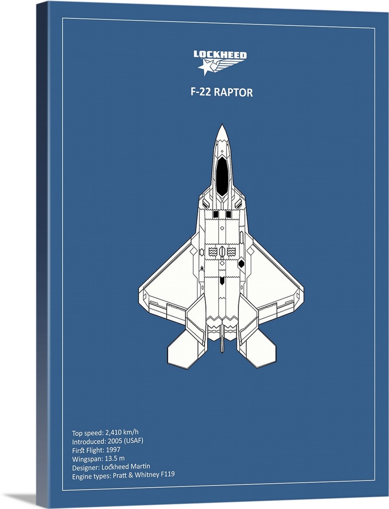 Black and white diagram of a BP Lockheed F22 Raptor with written information at the bottom, on a blue background.