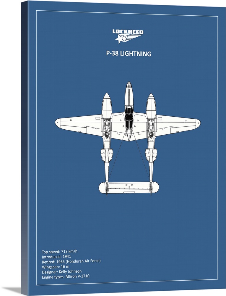 Black and white diagram of a BP Lockheed P38 Lightning with written information at the bottom, on a blue background.