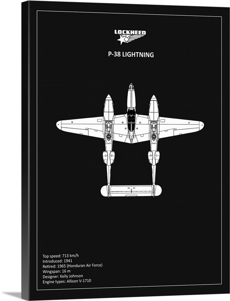 Black and white diagram of a BP Lockheed P38 Lightning with written information at the bottom, on a black background.