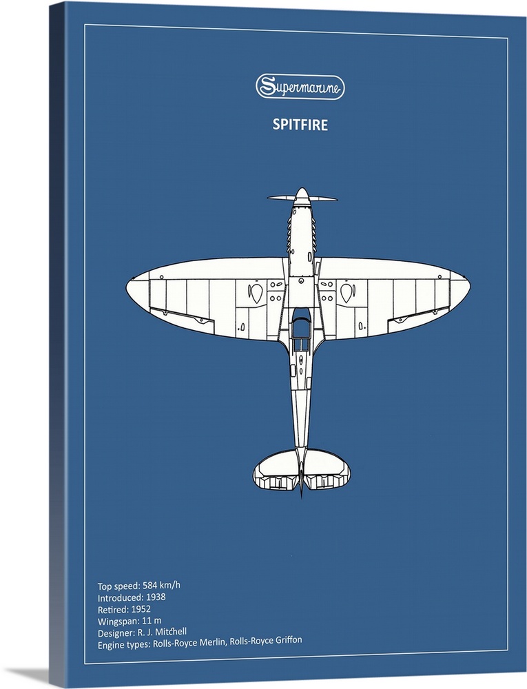 Black and white diagram of a BP Supermarine Spitfire with written information at the bottom, on a blue background.