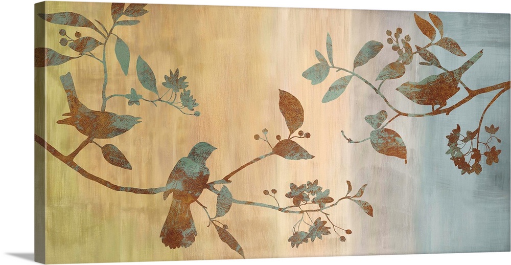 Silhouettes of birds on branches with leaves, flowers, and berries on a green, tan, orange, gray, and blue faded background.